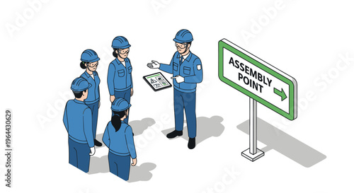 Industrial workers meeting at an assembly point for safety briefing.