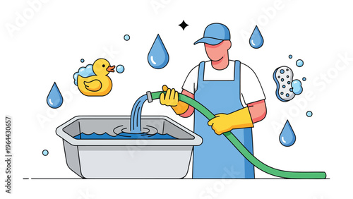 Cleaning Cartoon: A cartoon depicts an individual diligently washing with water, bubbles, a yellow rubber duck, and a cleaning sponge for a playful cleaning scene.