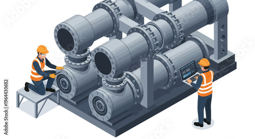 Industrial workers maintaining large pipeline system with control panel.