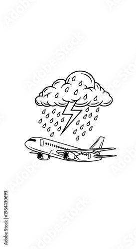 Airplane flying under a rainy stormy cloud isolated on white background, Vector