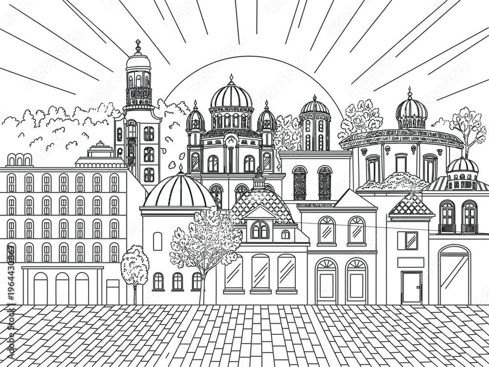 Fototapeta premium Historic city skyline with domed buildings and architecture landscape, detailed line art coloring page for travel and culture design, vector illustration