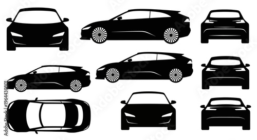 Black Car Silhouettes: Front, Side, Rear, Top Views - Vector Illustration