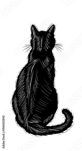 A black cat sitting with its back to the viewer isolated on white background, Vector