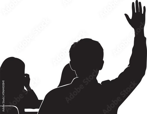 Silhouette of student raising hand, classroom discussion, education icon, black silhouette