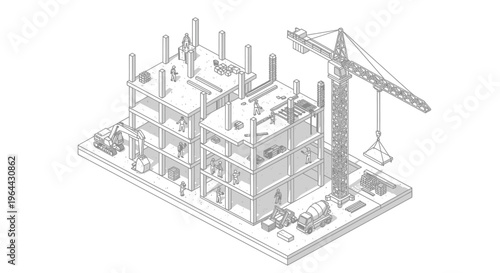 Isometric blueprint of a building under construction with a crane.