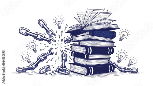 Breaking the Chains of Knowledge: A powerful illustration depicts the transformative power of learning, where a stack of books, symbolizing knowledge, shatters chains and unlocks illuminating ideas.