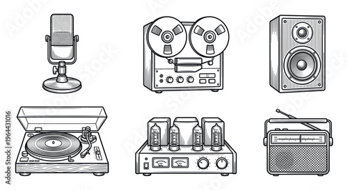 Hand-drawn style retro audio equipment set. Contains a vintage microphone, tape recorder, speaker, turntable, tube amplifier, and radio. Perfect for nostalgic design.