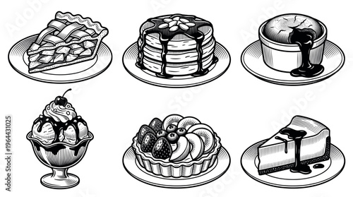 A set of six sweet dessert icons in a vintage, engraved style. Includes pie, cake, and ice cream. Perfect for menus, bakeries, cafes, and restaurant branding.