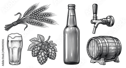 A set of vintage beer brewing elements in a classic engraving style. Includes bottle, glass, barrel, hops, and wheat. Ideal for brewery branding, pub menus, and craft beverage design.