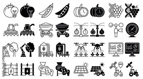 A set of smart farming icons in line and glyph styles. Depicts agricultural technology, automation, and innovation. Perfect for infographics, websites, and agritech concepts.