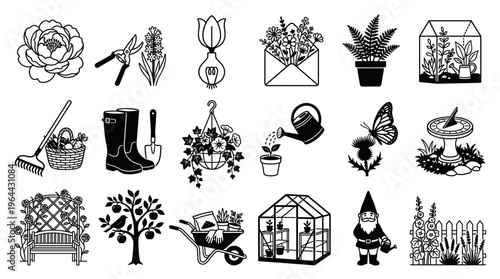 A set of black vector icons for gardening. Includes flowers, tools, plants, and decor like a gnome and greenhouse. Perfect for hobby, nature, and horticultural designs.