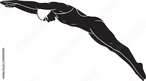 Diving, male swimmer, black silhouette, athletic vector, sports illustration