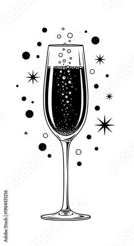 A glass of champagne with bubbles and stars isolated on white background, Vector