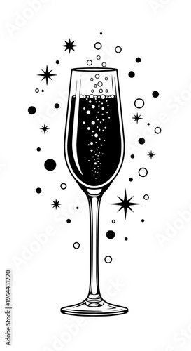 A champagne flute filled with bubbly liquid and surrounded by sparkles isolated on white background, Vector
