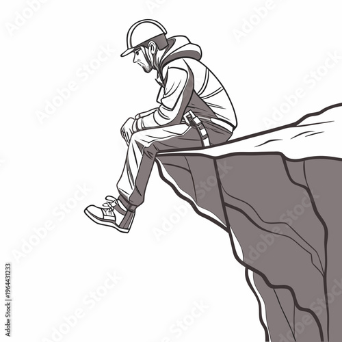 Man sitting on edge of cliff wearing safety gear looking down feeling anxious or scared