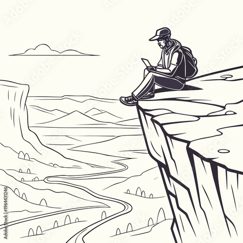 Man sitting on cliff edge looking at tablet with backpack on mountain landscape background