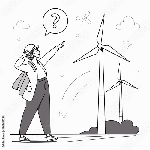 A person wearing a hard hat points at wind turbines with a questioning thought bubble