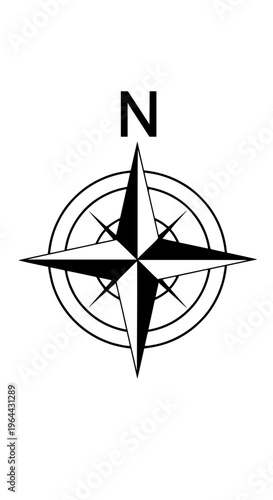 A black and white compass rose with a directional arrow isolated on white background, Vector