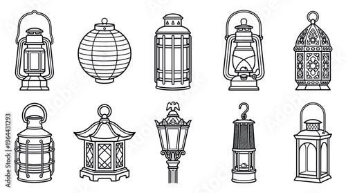 A diverse set of lantern line art icons. This vector collection includes vintage, Asian, and Arabic lamp styles for graphic design, web, or cultural theme projects.