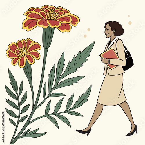 A cartoon illustration of a smiling businesswoman walking with books and flowers, with a beige background