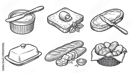 Hand-drawn vintage sketch set of bread and butter. Includes toast, baguette, rolls, and butter dish. Perfect for bakery branding, restaurant menus, or recipe illustrations.