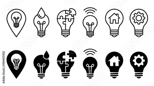 A versatile set of light bulb icons representing ideas, innovation, solutions, and technology. Includes line and solid glyph styles for web, app, and presentation design.