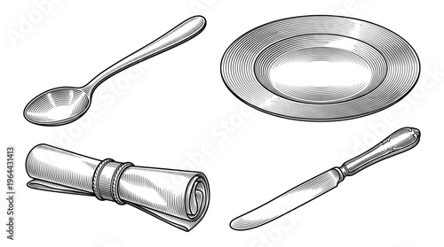 A vintage set of dining utensils including a plate, spoon, knife, and napkin. Classic black and white engraving style illustration perfect for restaurant menus or culinary branding.