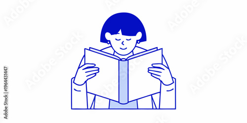 A woman with dark hair intently reading an open book in blue lines