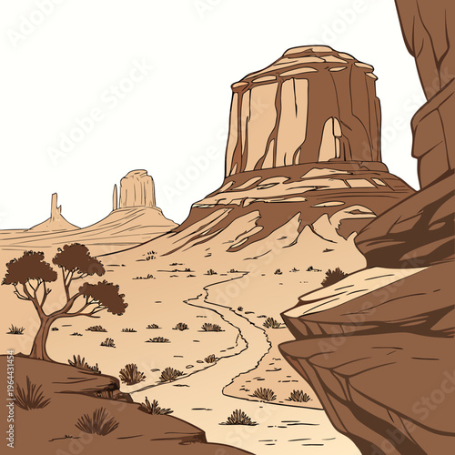 A desert landscape with a large rock formation and a tree