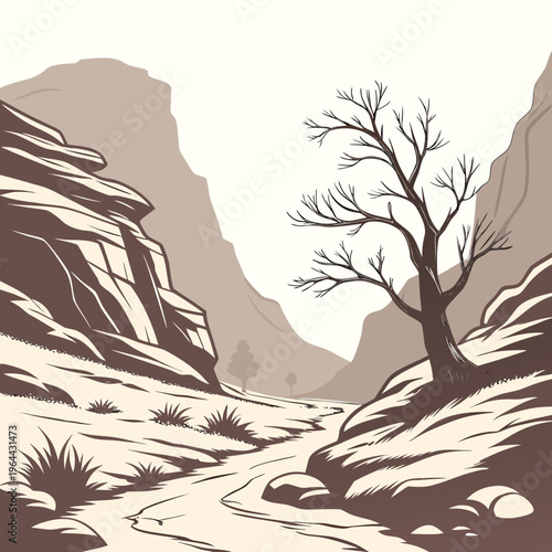 A sepiatoned illustration of a desert landscape with a barren tree and rocky terrain in the foreground and mountains in the background under a white sky