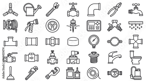 A set of line icons for plumbing, irrigation, and gardening. Includes tools, pipes, and fixtures. Perfect for web design, infographics, and technical diagrams.