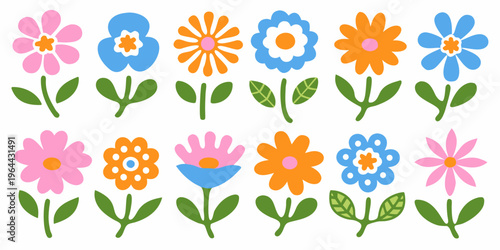 Colorful cartoon flowers with green stems arranged in neat rows