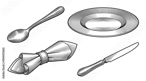 A vintage engraved set of table setting elements. Includes a plate, spoon, knife, and napkin. Detailed line art for elegant restaurant menus, invitations, or culinary design.
