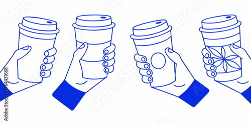 Four hands holding disposable coffee cups in a minimalist blue illustration