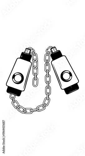 A pair of silver and black handcuffs on a chain isolated on white background, Vector