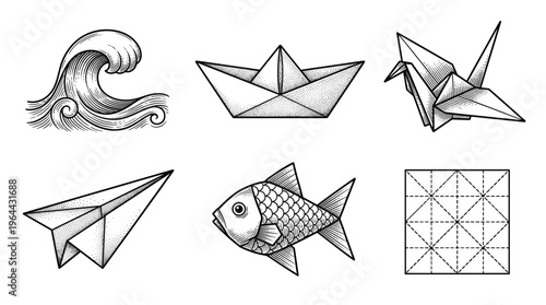 Set of vintage engraving style illustrations. Features origami boat, crane, airplane, fish, wave, and paper folds. Ideal for logos, icons, tattoos, or craft concepts.