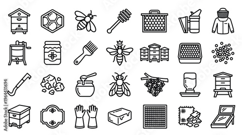 A set of beekeeping and honey production line icons. Includes beehive, honey, bee, and apiary equipment. Perfect for web design, logos, and infographics on apiculture.