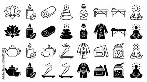 A versatile set of spa and wellness icons. Includes line and glyph styles for massage, meditation, and aromatherapy. Perfect for beauty, health, and relaxation designs.