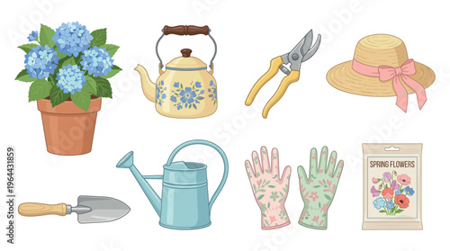 A charming illustrated set of spring gardening tools. Includes hydrangea, watering can, gloves, seeds, and hat. Perfect for garden-themed designs, blogs, and creative projects.
