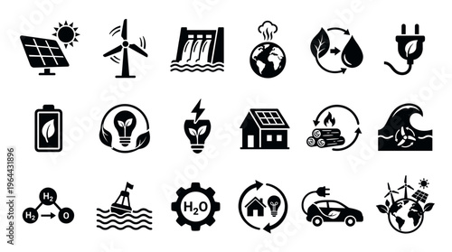 A set of black vector icons representing renewable energy sources and ecology concepts. Ideal for infographics, websites, and sustainability projects.