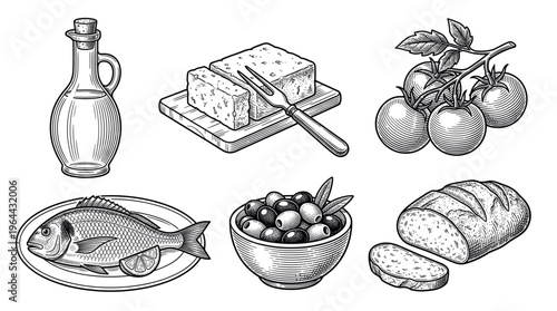 Set of Mediterranean food in hand drawn vintage sketch style. Includes olive oil, feta, fish, olives, tomatoes, bread. Perfect for restaurant menus or healthy diet blogs.