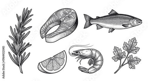Vintage seafood set with salmon, steak, shrimp, lemon, and herbs. Hand-drawn engraving illustration perfect for menus, packaging, recipes, and gourmet restaurant branding.