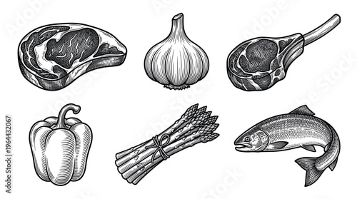 A vintage set of food illustrations with meat, fish, and vegetables. Hand drawn in a classic engraving style, ideal for menus, recipes, packaging, and farm-to-table concepts.