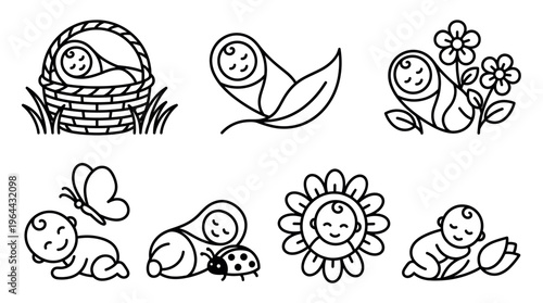 A set of seven cute newborn baby icons with nature elements. The clean line art style evokes purity and gentleness. Perfect for baby shower invitations, logos, and branding.