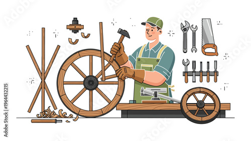 Crafting a Legacy: A skilled artisan, engrossed in the age-old art of crafting, is meticulously shaping a wooden wheel. This image evokes the timeless essence of craftsmanship and historical trades.