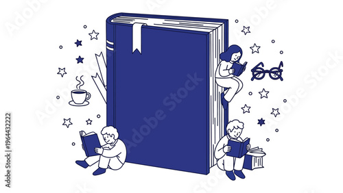 The World Within Pages: Embrace the enchanting realm of literature as individuals discover the joy of reading. Explore the magical world of a giant book, surrounded by stars, a cozy cup of coffee.