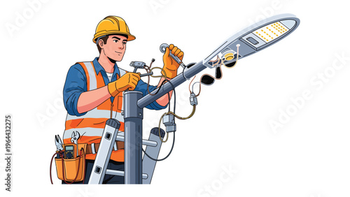 Electrician at Work: An electrician meticulously works on a streetlight, ensuring optimal performance and safety, reflecting dedication and precision in his trade.