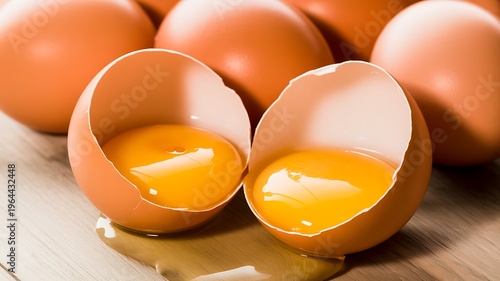 Fresh brown egg cracked open with visible yolk and white on wooden surface