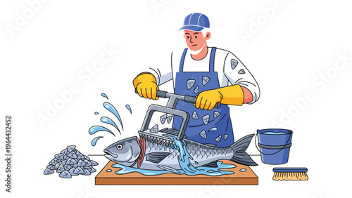 Artisanal Precision: A dedicated fishmonger expertly sections a large fish using a saw, water splashing, revealing the skill and care of the fresh seafood preparation.