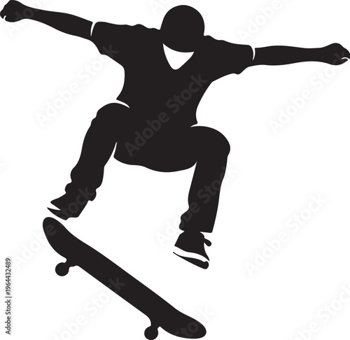 Black silhouette skateboarder, performing tricks, action sports icon, extreme stunt